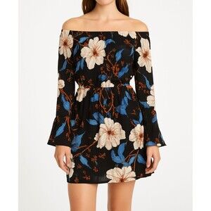 Billabong Floral Off Shoulder Dress Women’s XS Black Blue Orange Boho Mini
